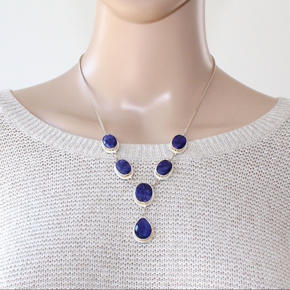 Stauer Simulated Sapphire Sterling Silver Necklace & Earrings Jewelry Set In Box - Picture 4 of 6